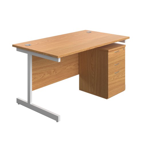 Single Upright Rectangular Desk + High Mobile Pedestal 3 Drawer (FSC) 1400 X 800 Nova Oak/White