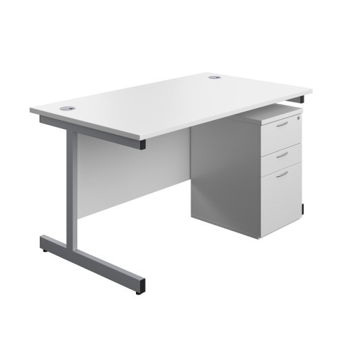 Single Upright Rectangular Desk + High Mobile Pedestal 3 Drawer (FSC) 1400 X 800 White/Silver
