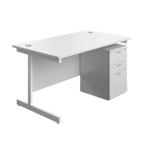 Single Upright Rectangular Desk + High Mobile Pedestal 3 Drawer (FSC) 1400 X 800 White/White