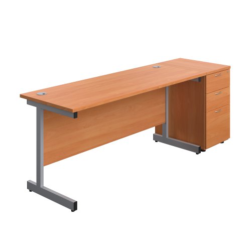 Single Upright Rectangular Desk + Desk High 3 Drawer Pedestal (FSC) 1600 X 600 Beech/Silver