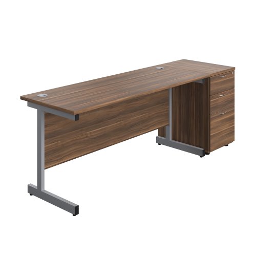 Single Upright Rectangular Desk + Desk High 3 Drawer Pedestal (FSC) 1600 X 600 Dark Walnut/Silver