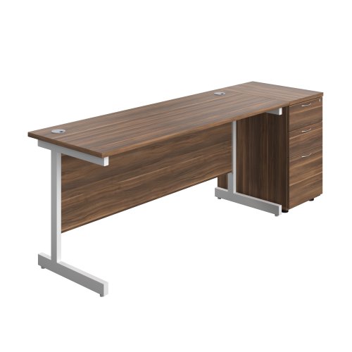 Single Upright Rectangular Desk + Desk High 3 Drawer Pedestal (FSC) 1600 X 600 Dark Walnut/White