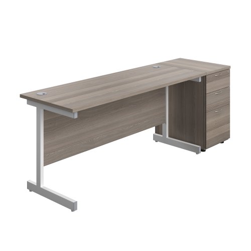 Single Upright Rectangular Desk + Desk High 3 Drawer Pedestal (FSC) 1600 X 600 Grey Oak/White
