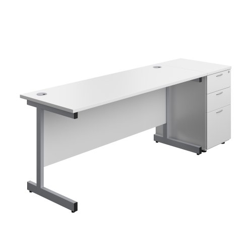 Single Upright Rectangular Desk + Desk High 3 Drawer Pedestal (FSC) 1600 X 600 White/Silver