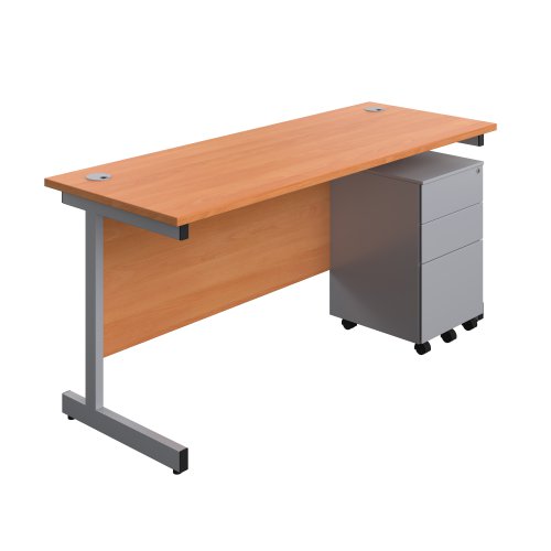 Single Upright Rectangular Desk + Under Desk Steel Pedestal 3 Drawers (FSC) 1600 X 600 Beech/Silver