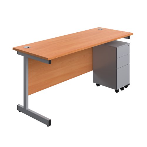 Single Upright Rectangular Desk + Slimline Steel Pedestal 3 Drawers (FSC) 1600 X 600 Beech/Silver