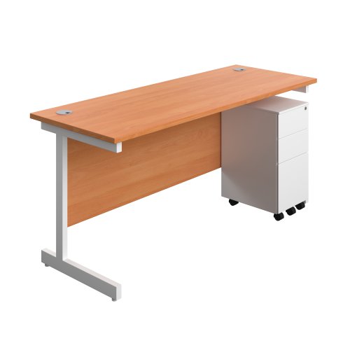 Single Upright Rectangular Desk + Slimline Steel Pedestal 3 Drawers (FSC) 1600 X 600 Beech/White