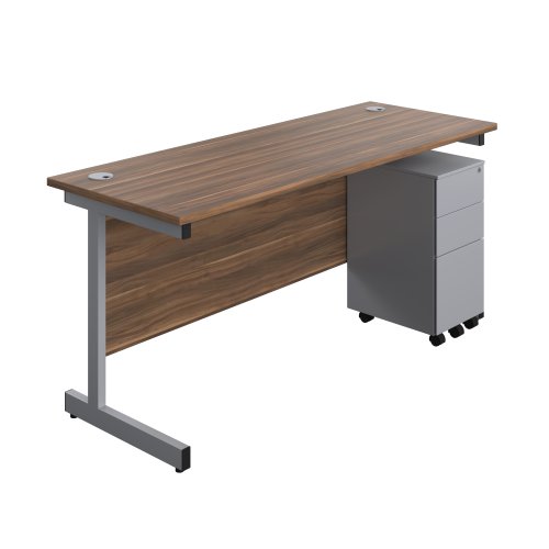Single Upright Rectangular Desk + Slimline Steel Pedestal 3 Drawers (FSC) 1600 X 600 Dark Walnut/Silver