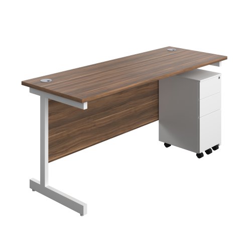 Single Upright Rectangular Desk + Slimline Steel Pedestal 3 Drawers (FSC) 1600 X 600 Dark Walnut/White