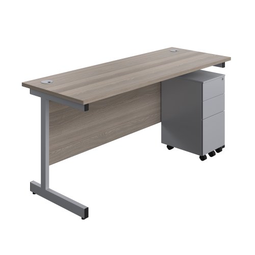 Single Upright Rectangular Desk + Slimline Steel Pedestal 3 Drawers (FSC) 1600 X 600 Grey Oak/Silver