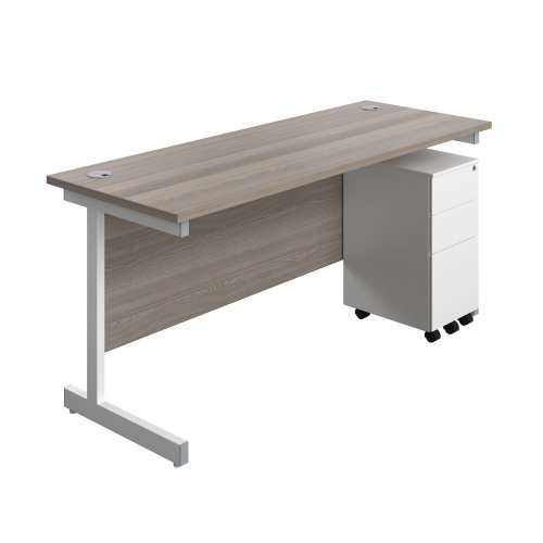Single Upright Rectangular Desk + Slimline Steel Pedestal 3 Drawers (FSC) 1600 X 600 Grey Oak/White