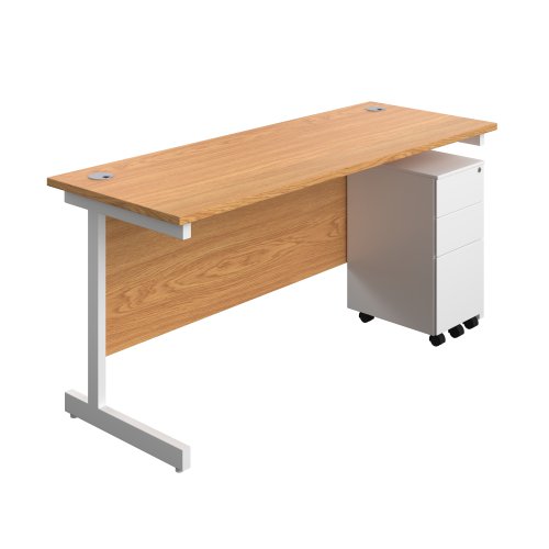 Single Upright Rectangular Desk + Slimline Steel Pedestal 3 Drawers (FSC) 1600 X 600 Nova Oak/White