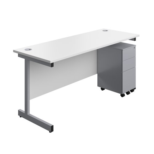 Single Upright Rectangular Desk + Slimline Steel Pedestal 3 Drawers (FSC) 1600 X 600 White/Silver