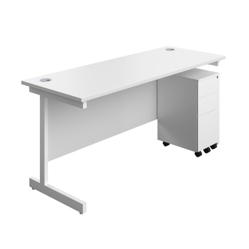 Single Upright Rectangular Desk + Slimline Steel Pedestal 3 Drawers (FSC) 1600 X 600 White/White