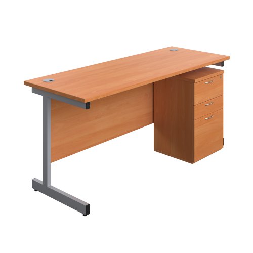 Single Upright Rectangular Desk + High Mobile Pedestal 3 Drawer (FSC) 1600 X 600 Beech/Silver