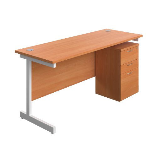Single Upright Rectangular Desk + High Mobile Pedestal 3 Drawer (FSC) 1600 X 600 Beech/White