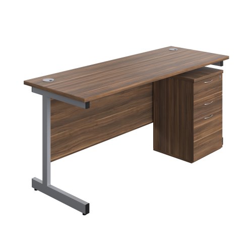 Single Upright Rectangular Desk + High Mobile Pedestal 3 Drawer (FSC) 1600 X 600 Dark Walnut/Silver