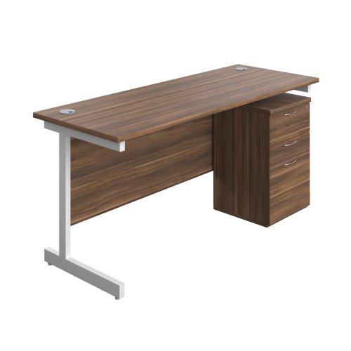 Single Upright Rectangular Desk + High Mobile Pedestal 3 Drawer (FSC) 1600 X 600 Dark Walnut/White