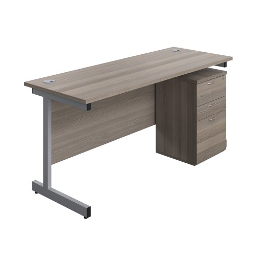Single Upright Rectangular Desk + High Mobile Pedestal 3 Drawer (FSC) 1600 X 600 Grey Oak/Silver