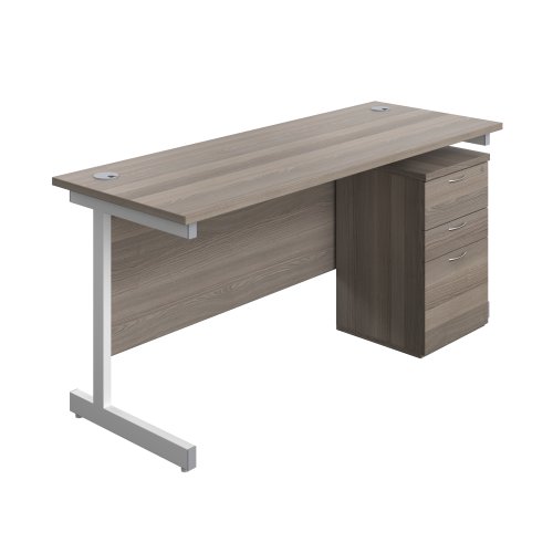 Single Upright Rectangular Desk + High Mobile Pedestal 3 Drawer (FSC) 1600 X 600 Grey Oak/White