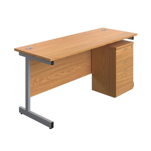 Single Upright Rectangular Desk + High Mobile Pedestal 3 Drawer (FSC) 1600 X 600 Nova Oak/Silver