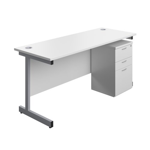 Single Upright Rectangular Desk + High Mobile Pedestal 3 Drawer (FSC) 1600 X 600 White/Silver