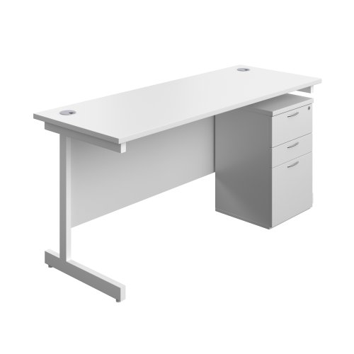 Single Upright Rectangular Desk + High Mobile Pedestal 3 Drawer (FSC) 1600 X 600 White/White