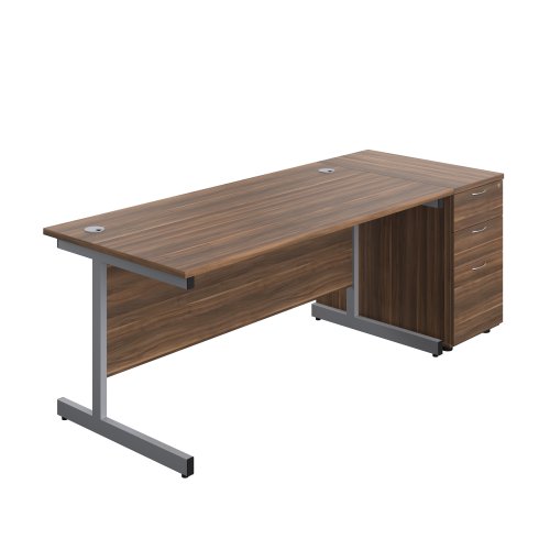 Single Upright Rectangular Desk + Desk High 3 Drawer Pedestal (FSC) 1600 X 800 Dark Walnut/Silver