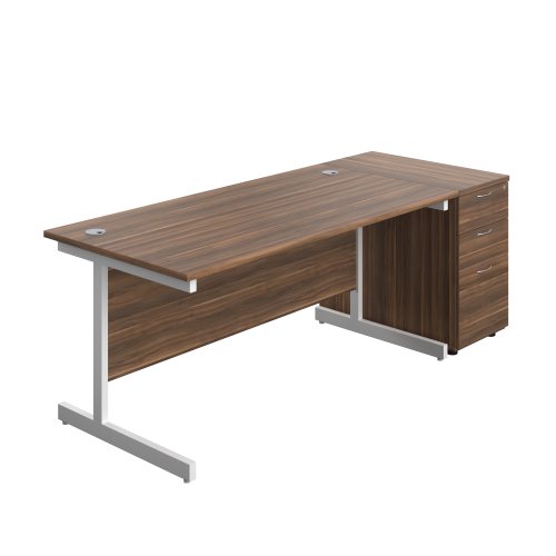 Single Upright Rectangular Desk + Desk High 3 Drawer Pedestal (FSC) 1600 X 800 Dark Walnut/White