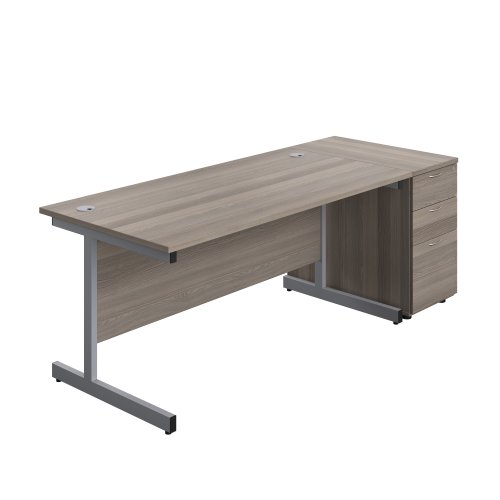 Single Upright Rectangular Desk + Desk High 3 Drawer Pedestal (FSC) 1600 X 800 Grey Oak/Silver