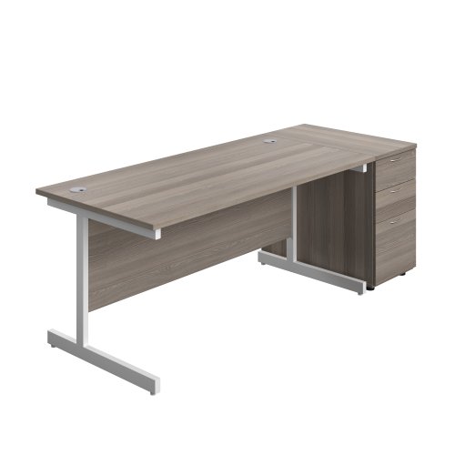 Single Upright Rectangular Desk + Desk High 3 Drawer Pedestal (FSC) 1600 X 800 Grey Oak/White