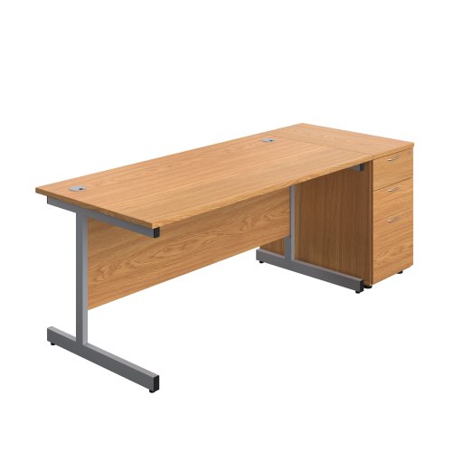Single Upright Rectangular Desk + Desk High 3 Drawer Pedestal (FSC) 1600 X 800 Nova Oak/Silver