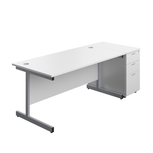 Single Upright Rectangular Desk + Desk High 3 Drawer Pedestal (FSC) 1600 X 800 White/Silver