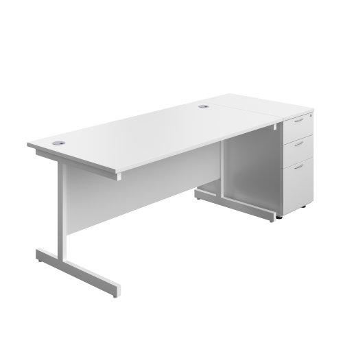 Single Upright Rectangular Desk + Desk High 3 Drawer Pedestal (FSC) 1600 X 800 White/White