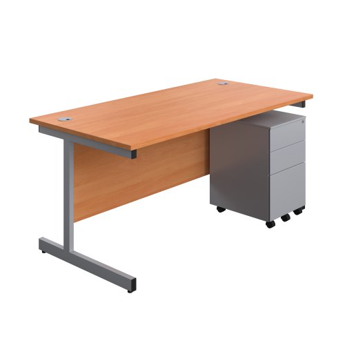 Single Upright Rectangular Desk + Under Desk Steel Pedestal 3 Drawers (FSC) 1600 X 800 Beech/Silver