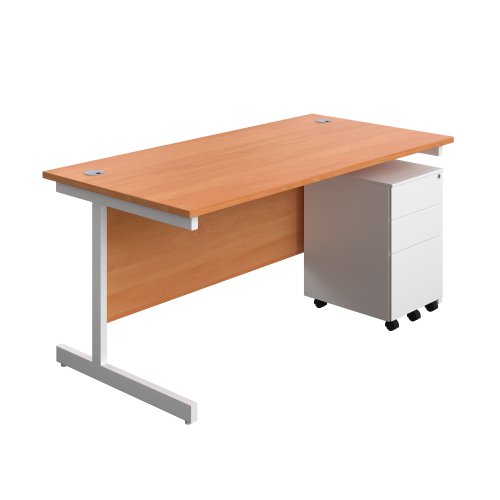 Single Upright Rectangular Desk + Under Desk Steel Pedestal 3 Drawers (FSC) 1600 X 800 Beech/White