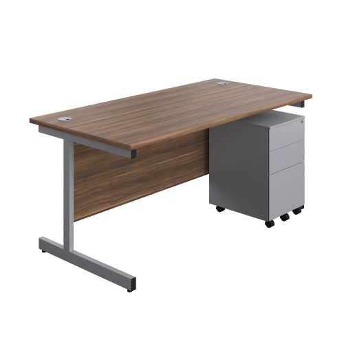 Single Upright Rectangular Desk + Under Desk Steel Pedestal 3 Drawers (FSC) 1600 X 800 Dark Walnut/Silver