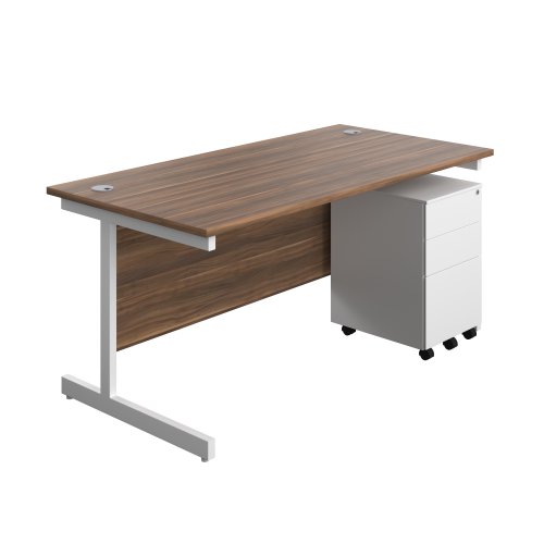 Single Upright Rectangular Desk + Under Desk Steel Pedestal 3 Drawers (FSC) 1600 X 800 Dark Walnut/White
