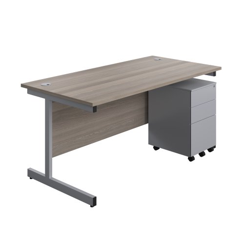 Single Upright Rectangular Desk + Under Desk Steel Pedestal 3 Drawers (FSC) 1600 X 800 Grey Oak/Silver