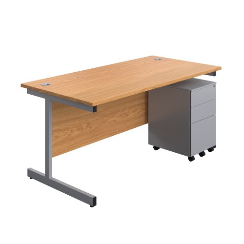 Single Upright Rectangular Desk + Under Desk Steel Pedestal 3 Drawers (FSC) 1600 X 800 Nova Oak/Silver