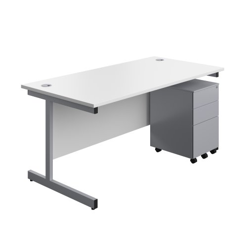 Single Upright Rectangular Desk + Under Desk Steel Pedestal 3 Drawers (FSC) 1600 X 800 White/Silver