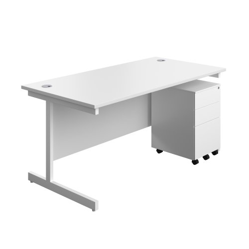 Single Upright Rectangular Desk + Under Desk Steel Pedestal 3 Drawers (FSC) 1600 X 800 White/White