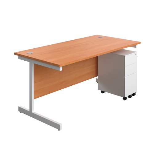 Single Upright Rectangular Desk + Slimline Steel Pedestal 3 Drawers (FSC) 1600 X 800 Beech/White