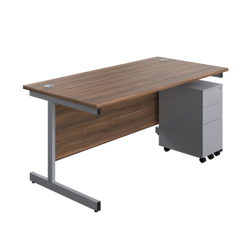 Single Upright Rectangular Desk + Slimline Steel Pedestal 3 Drawers (FSC) 1600 X 800 Dark Walnut/Silver