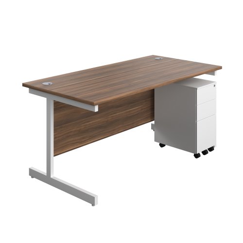 Single Upright Rectangular Desk + Slimline Steel Pedestal 3 Drawers (FSC) 1600 X 800 Dark Walnut/White