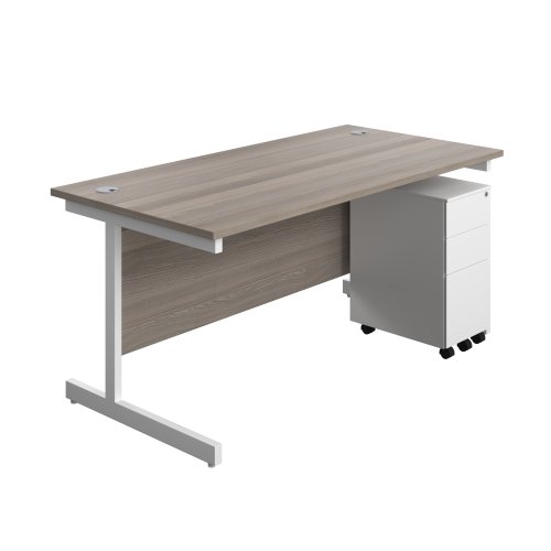 Single Upright Rectangular Desk + Slimline Steel Pedestal 3 Drawers (FSC) 1600 X 800 Grey Oak/White