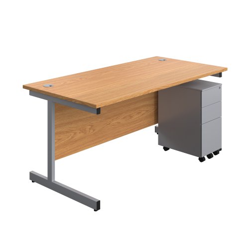 Single Upright Rectangular Desk + Slimline Steel Pedestal 3 Drawers (FSC) 1600 X 800 Nova Oak/Silver