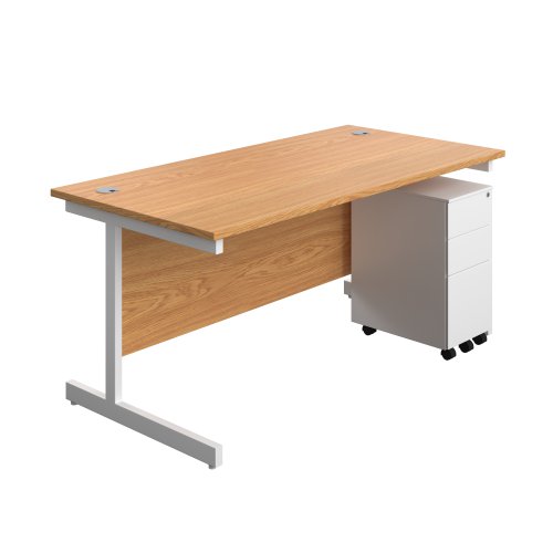 Single Upright Rectangular Desk + Slimline Steel Pedestal 3 Drawers (FSC) 1600 X 800 Nova Oak/White