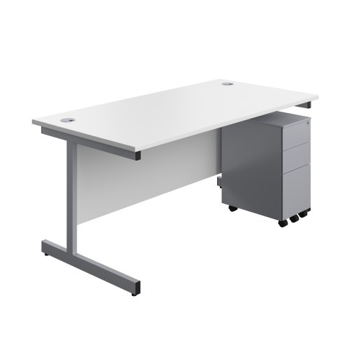 Single Upright Rectangular Desk + Slimline Steel Pedestal 3 Drawers (FSC) 1600 X 800 White/Silver