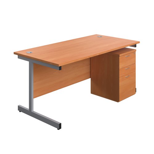 Single Upright Rectangular Desk + High Mobile Pedestal 3 Drawer (FSC) 1600 X 800 Beech/Silver